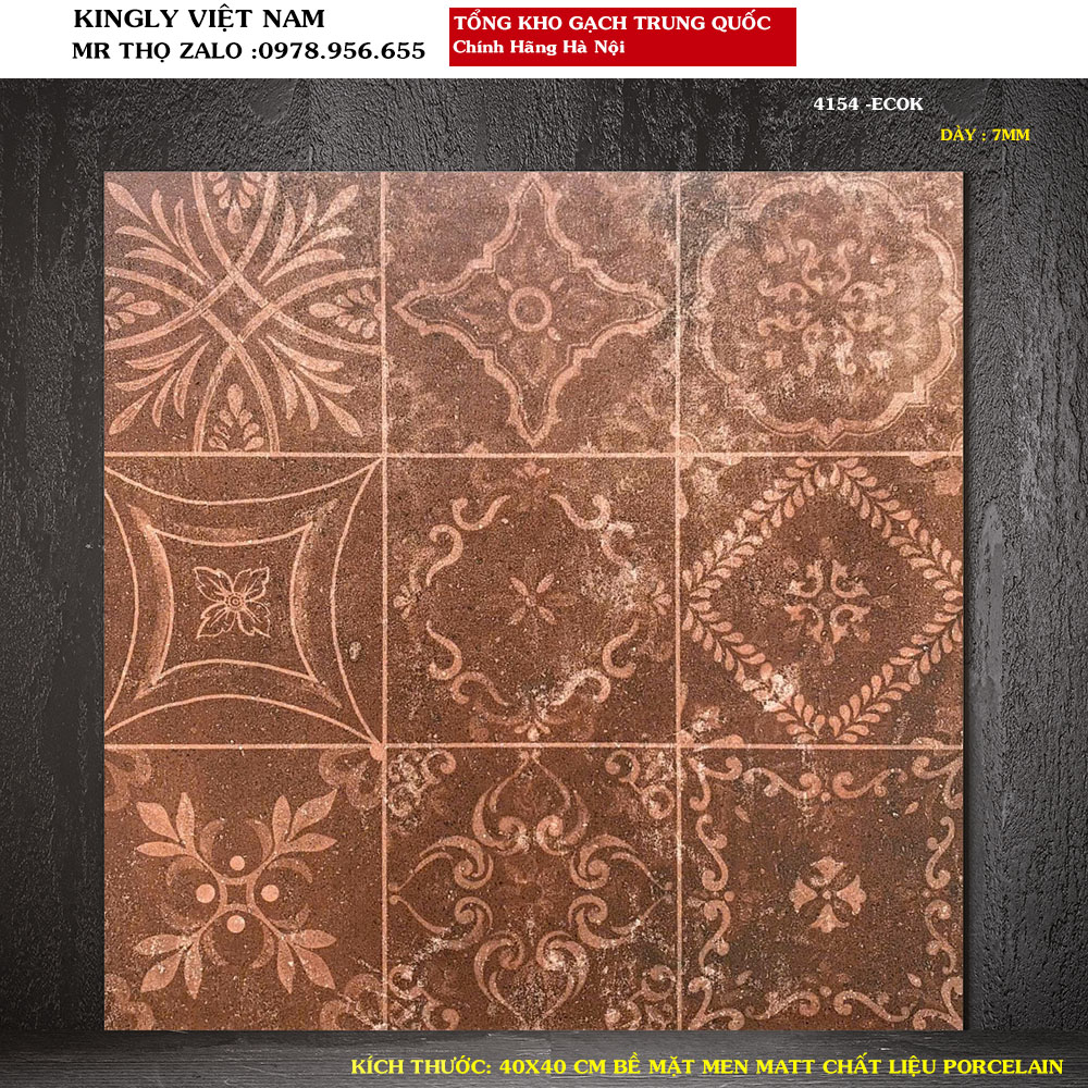 Gạch giả cổ lát nền hoa văn 40x40cm màu nâu đất 4154
